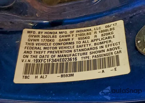 2017 Honda Civic Ex from USA, damaged, VIN 19XFC1F34HE023616